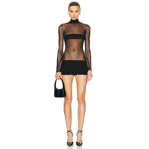 MONOT Contrasting Bands Mini Dress in Black New Womens Sheer Panel
